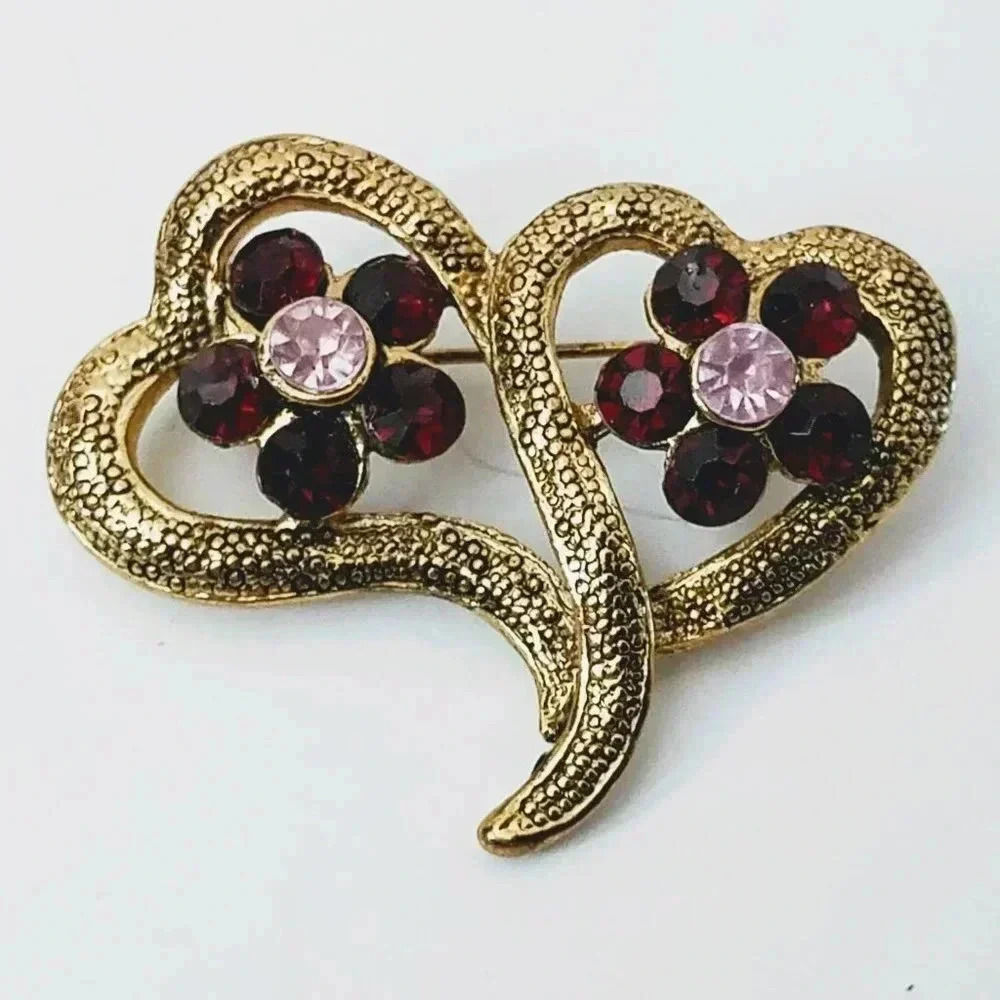 Double Heart Rhinestone Flowers Brooch Pin
